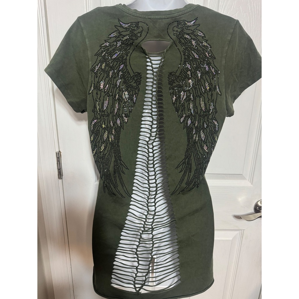 Ego USA Designs Olive Green Angel Wing Rhinestone Shredded Back V-Neck Top XL